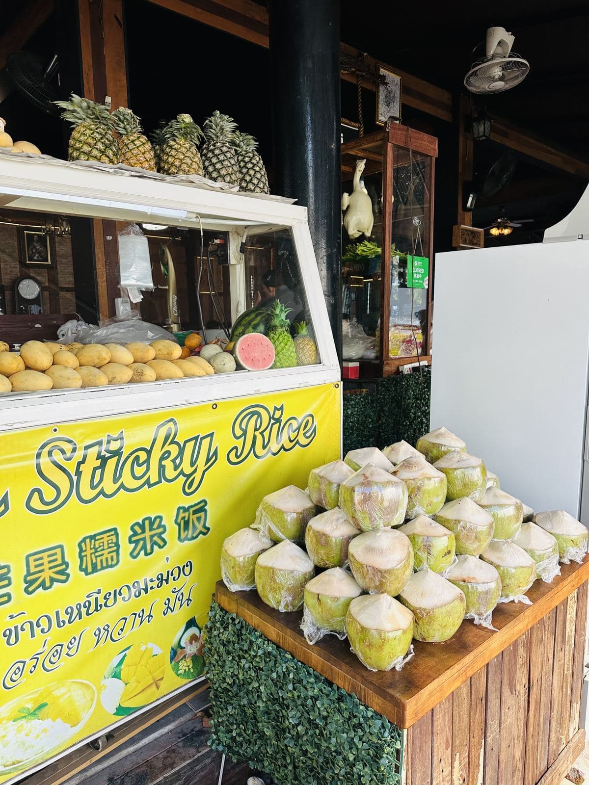 A mango sticky rice and coconut stall