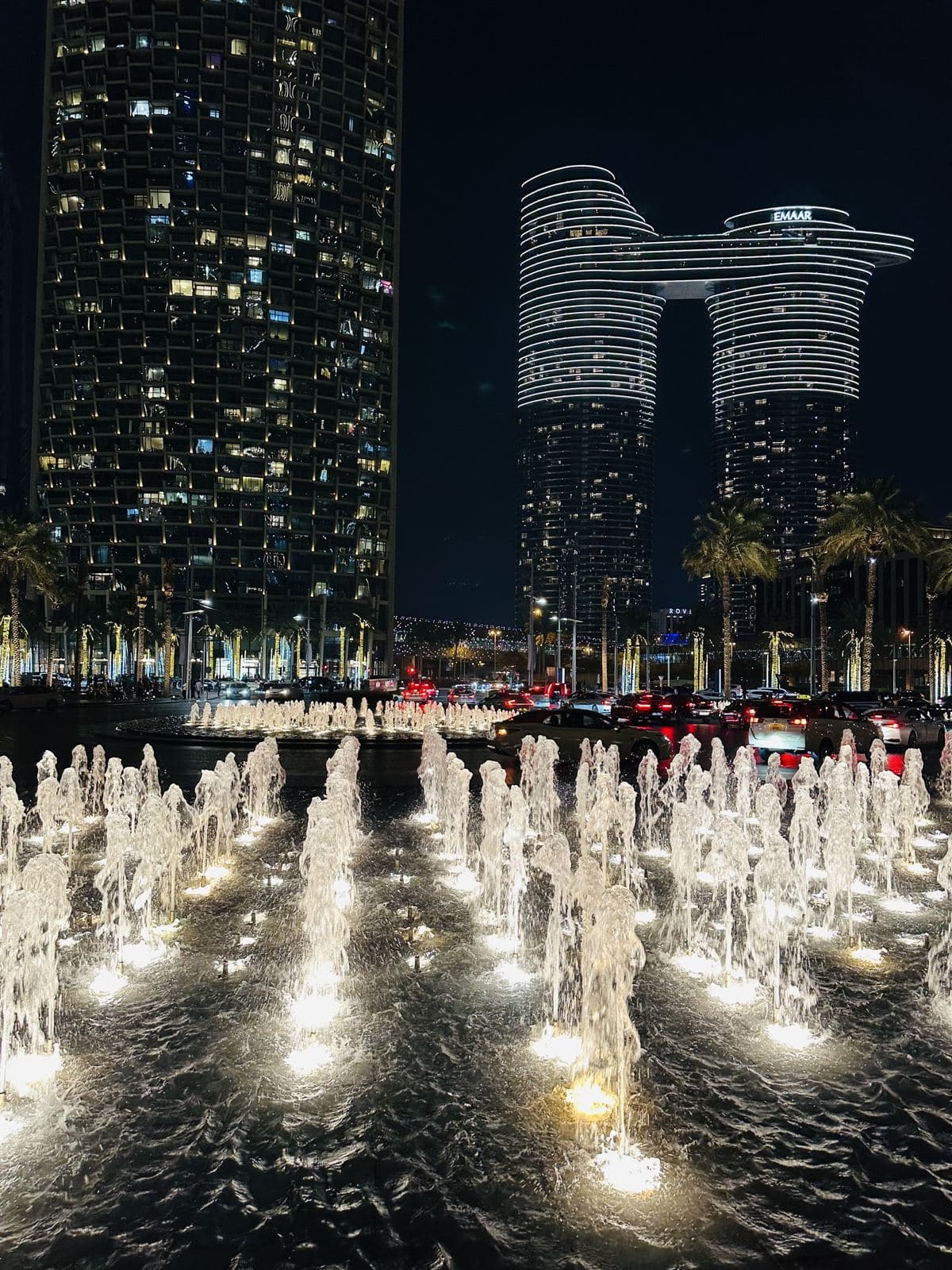 The Dubai Fountain performing at night